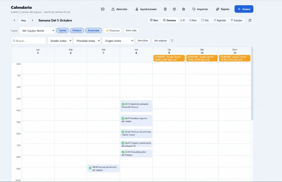 Calendario semanal de ATLAS con datos ficticios: guardias del equipo y tareas.