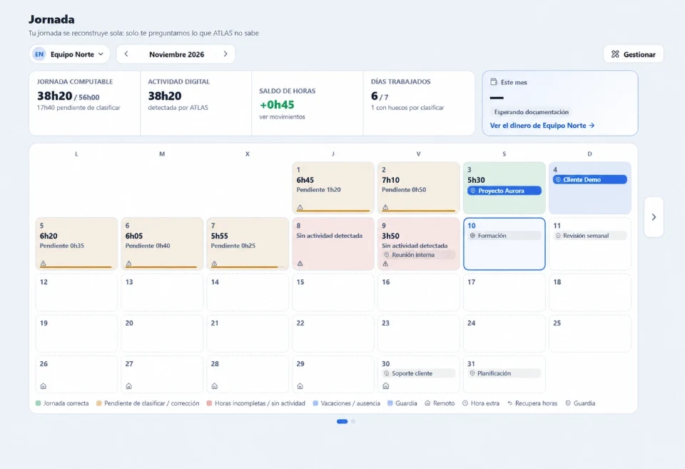 Calendario mensual de jornada de ATLAS con datos ficticios: horas por día y saldo de horas.